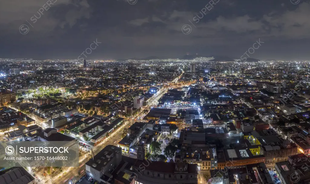 Aerial view Mexico City at night, Mexico
