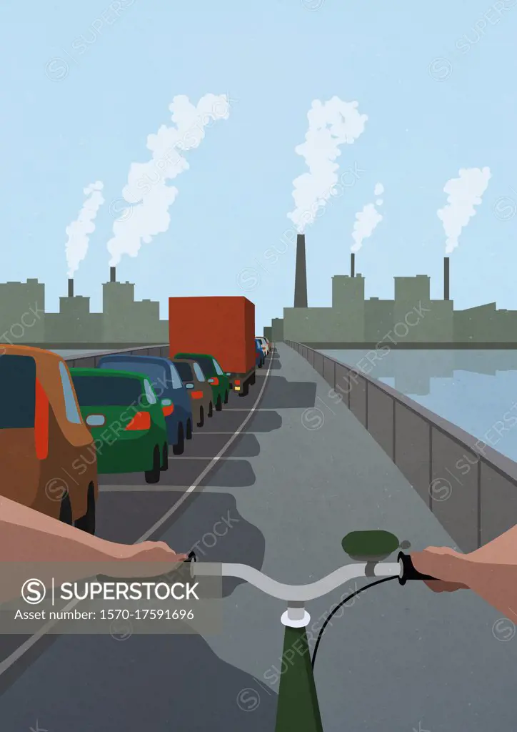 POV Bicycle in bike lane passing cars stuck in traffic jam on bridge