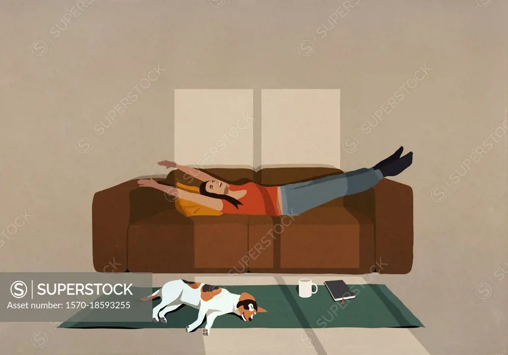 Carefree woman stretching on sofa in sunny living room