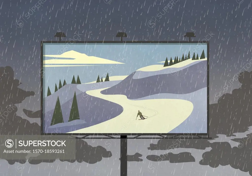 Skier on snowy slope on billboard against rainy sky