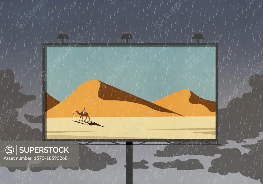 Camel and desert scene on billboard against rainy sky