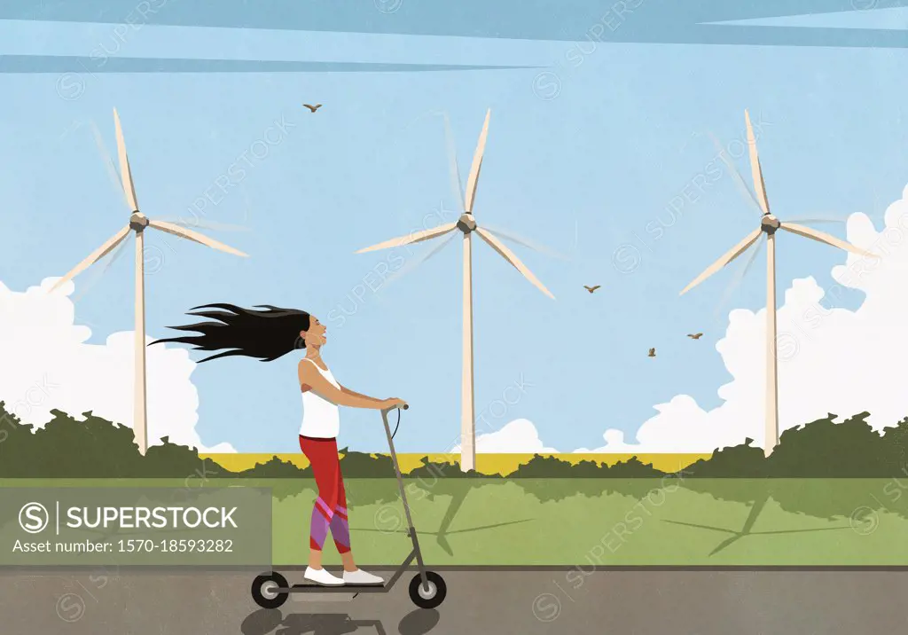Carefree woman riding electric push scooter along wind turbines