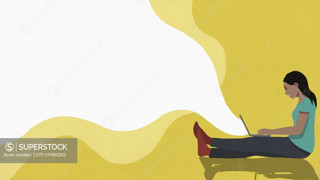 Woman with laptop social networking on yellow background