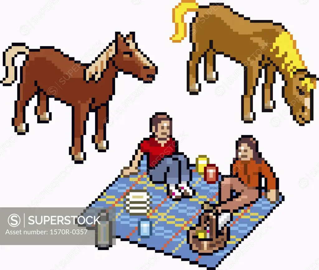 Two people having a picnic next to two horses