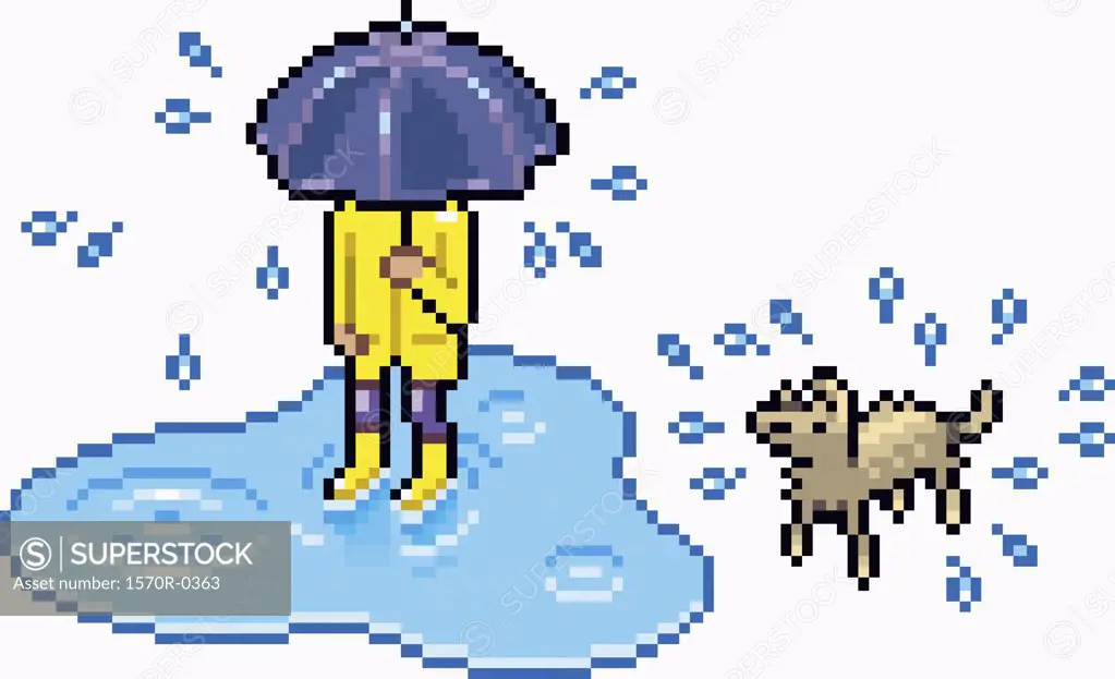A person standing in a puddle holding an umbrella next to a dog