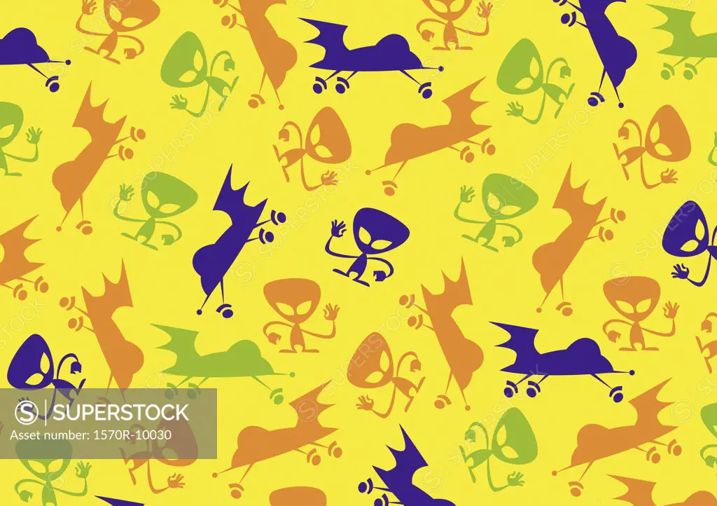 illustrated abstract pattern featuring aliens and spaceships