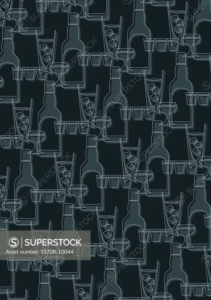 illustrated pattern featuring bottles and cocktails glasses