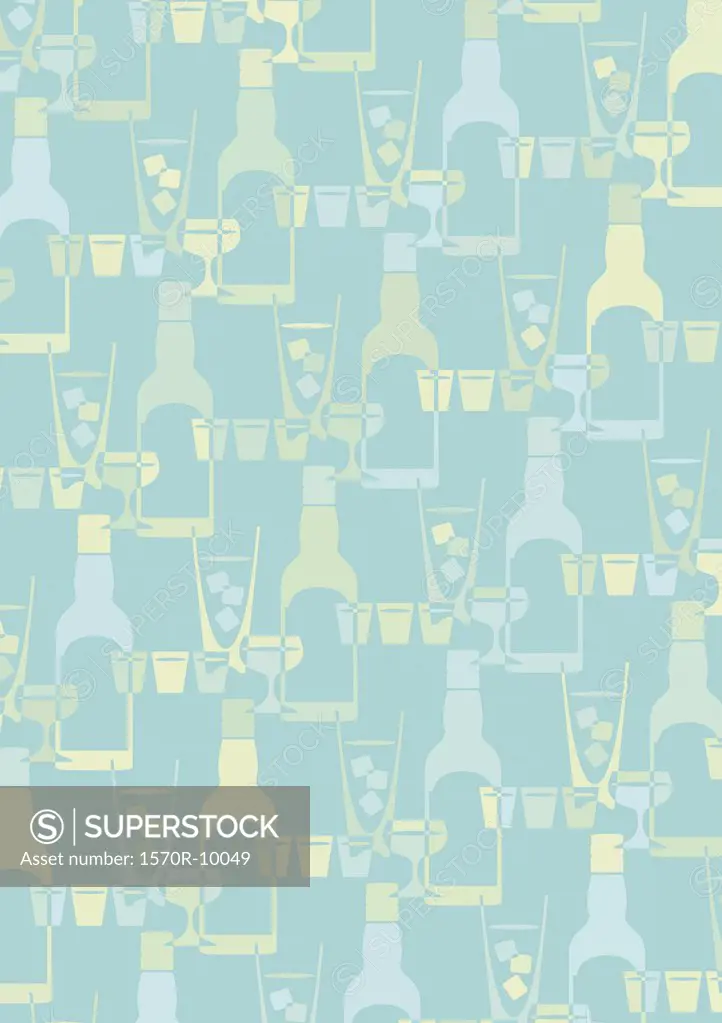 illustrated pattern featuring bottles, cocktail glasses