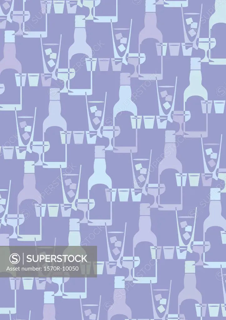 illustrated pattern featuring bottles, cocktail glasses