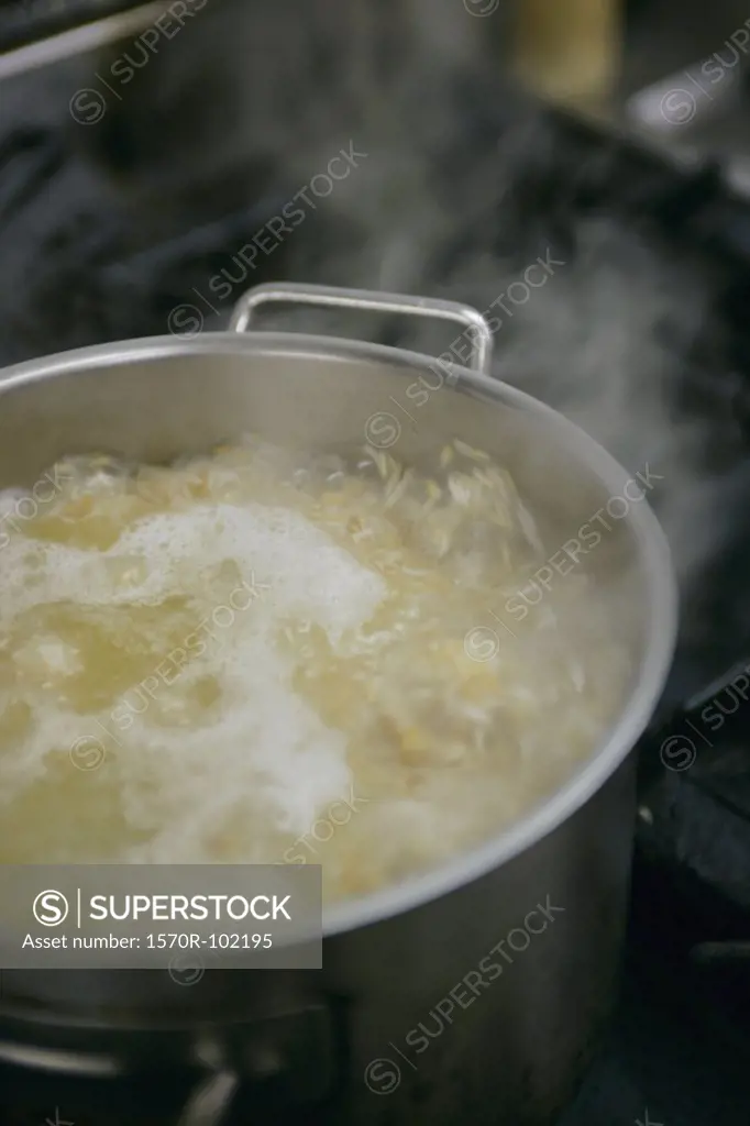 High angle view of a pot of boiling food
