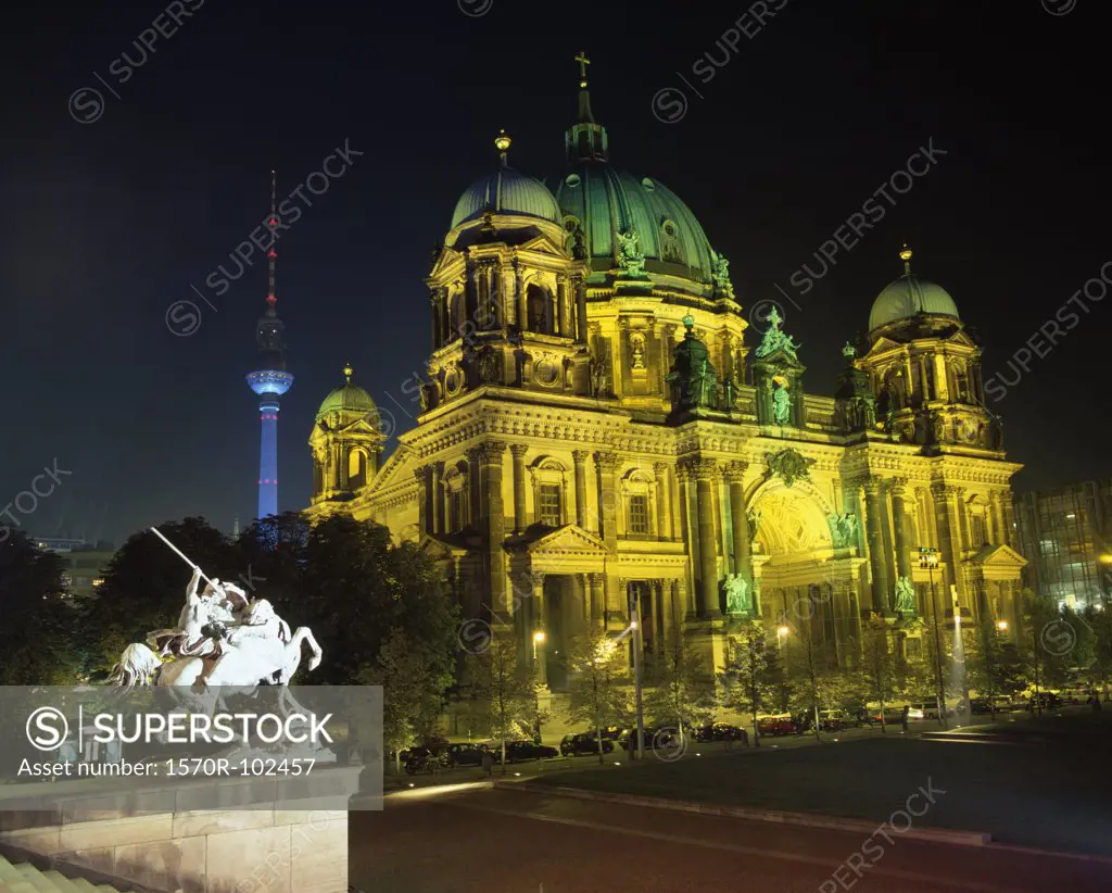 Dome Church at night with Television Tower in the background, Berlin, Germany