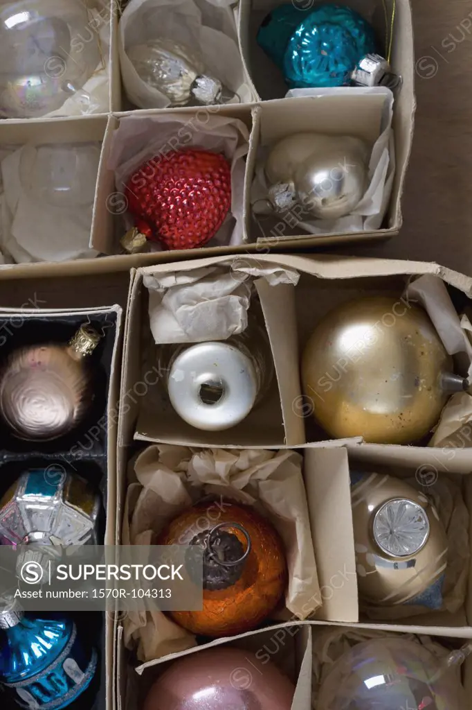 A box of Christmas ornaments