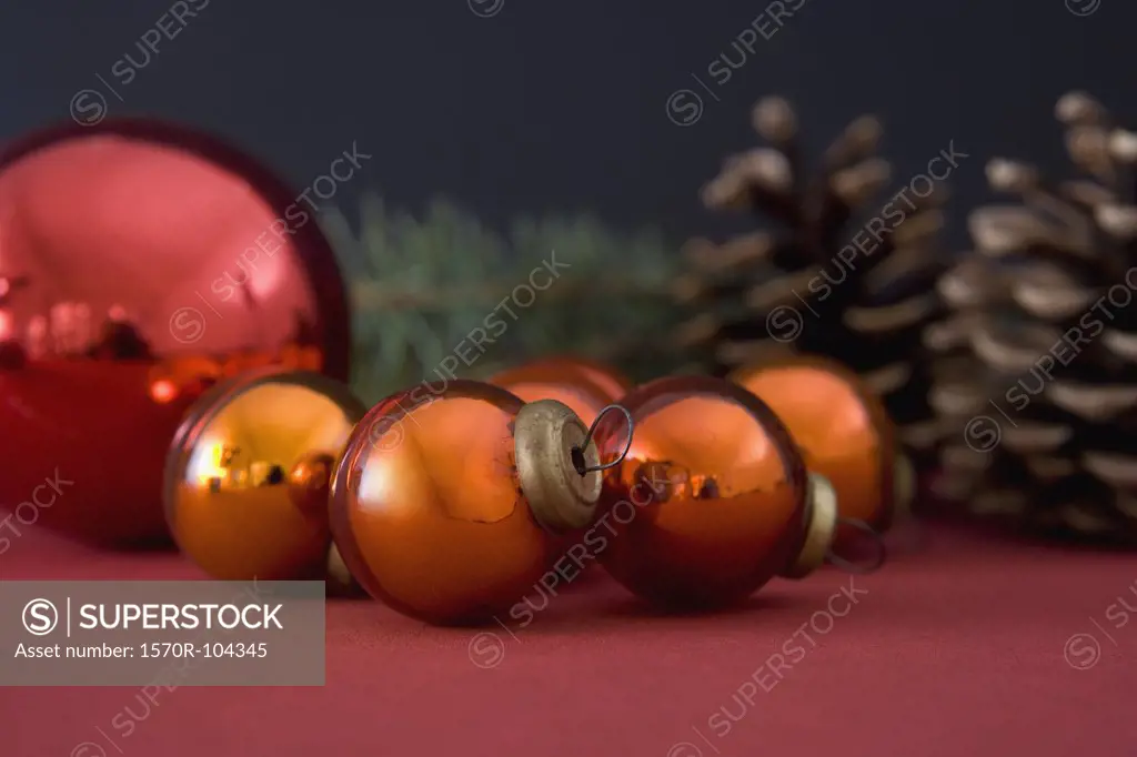 A group of Christmas ornaments in a Christmas display