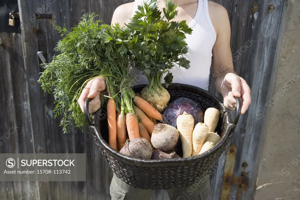 Man holding freshly picked vegetables in basket