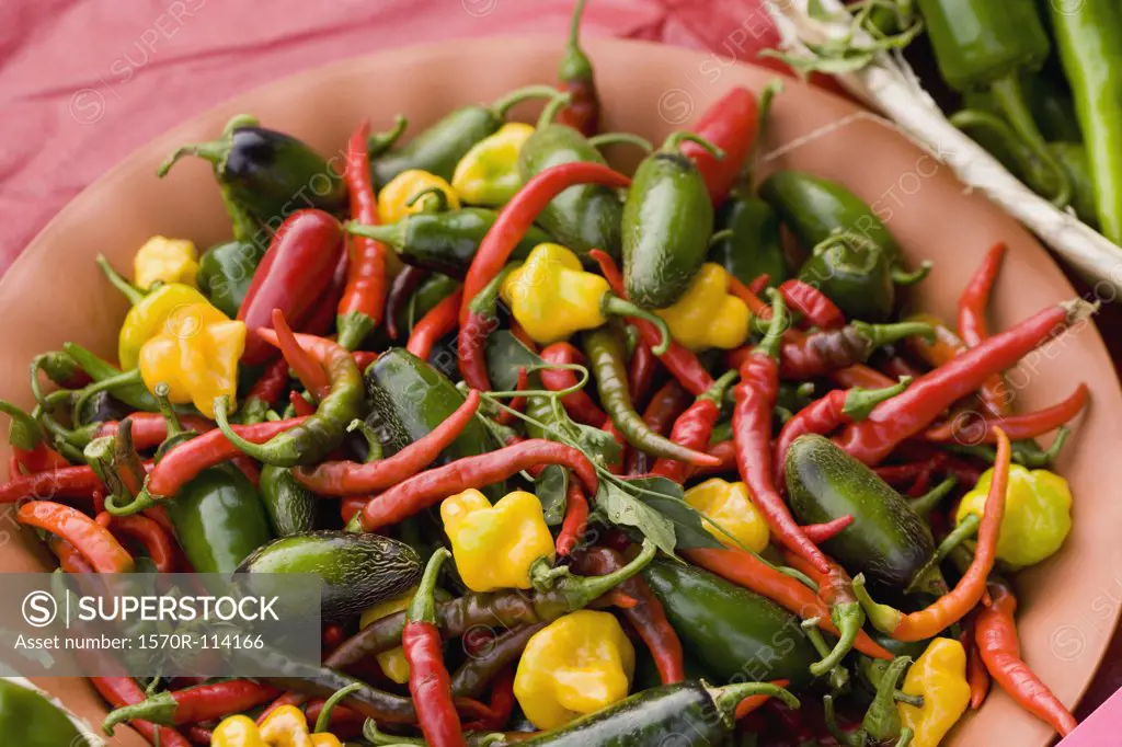 Mixed hot peppers at market