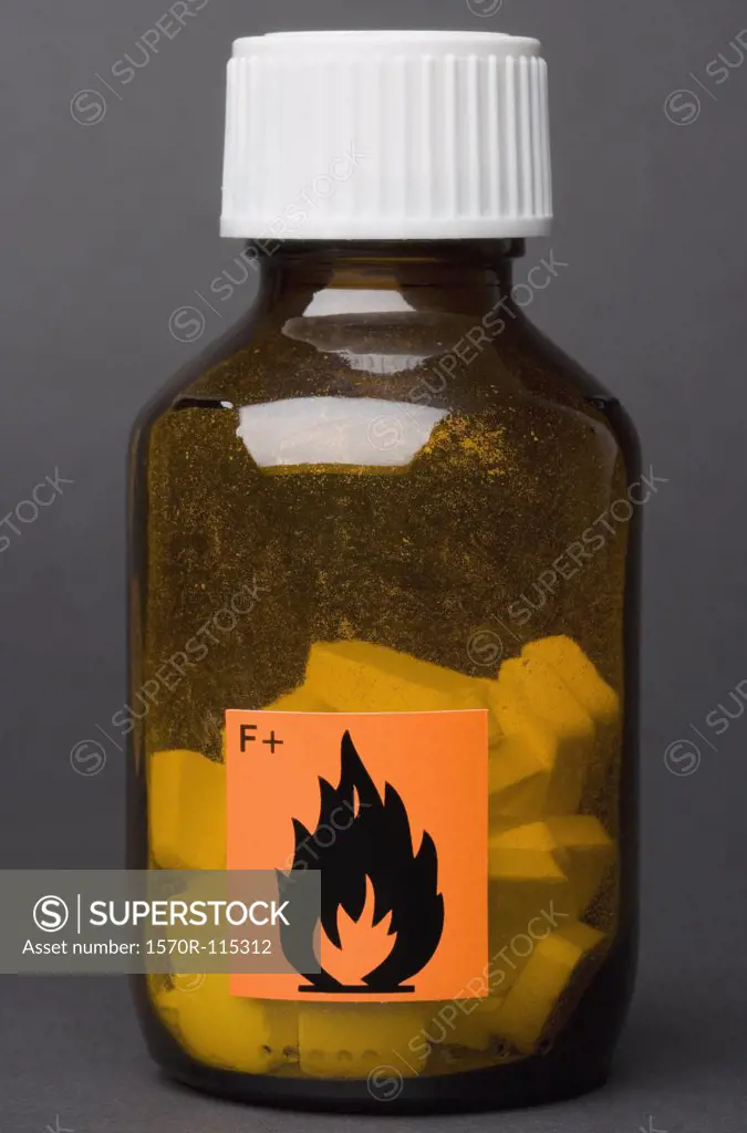Flammable’ label on glass bottle containing tablets