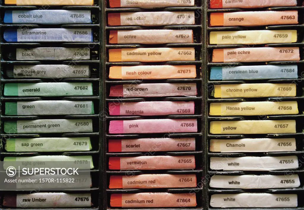 Rows of multi-colored chalk