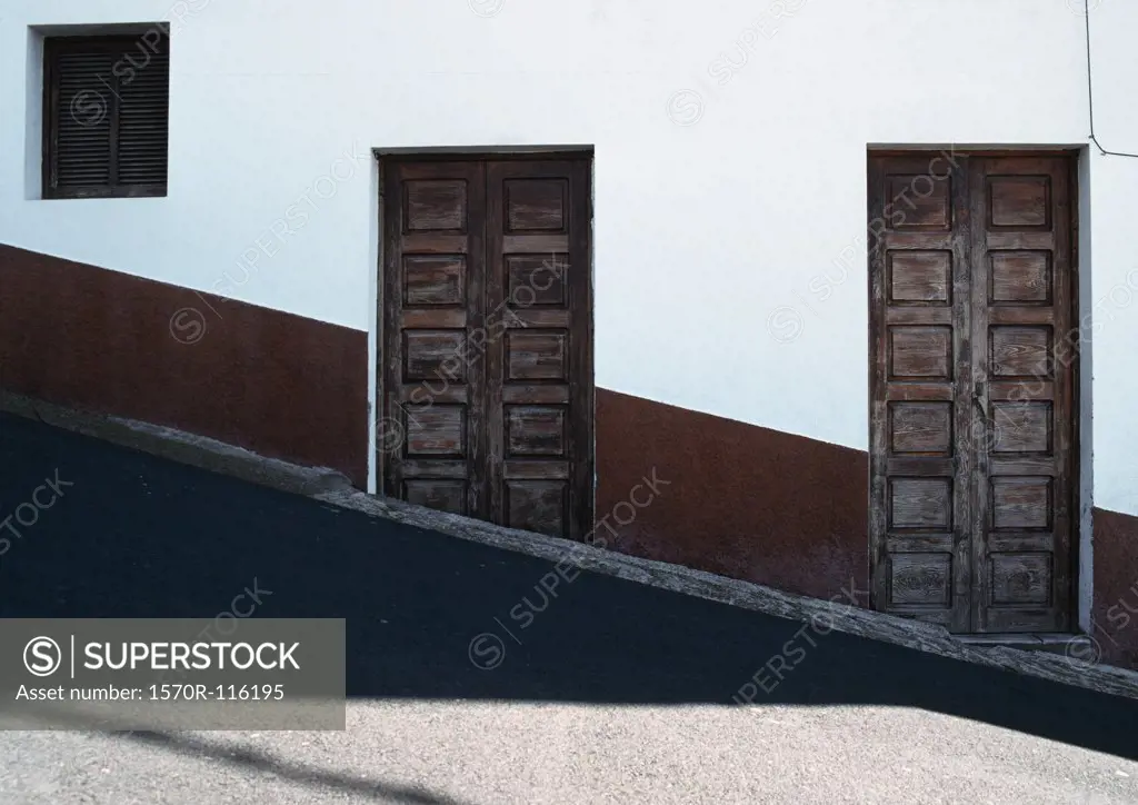 Wooden doors of a residential building on a hill, La Palma, Canary Islands, Spain