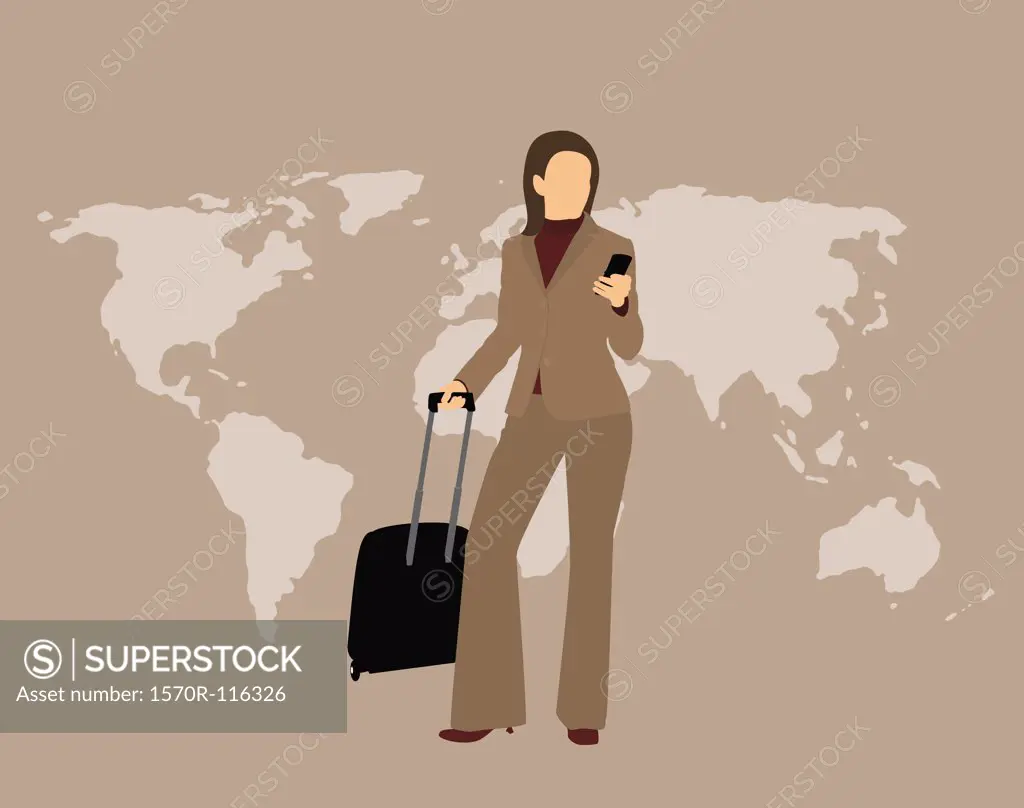 A businesswoman with a mobile phone and a suitcase standing in front of a world map