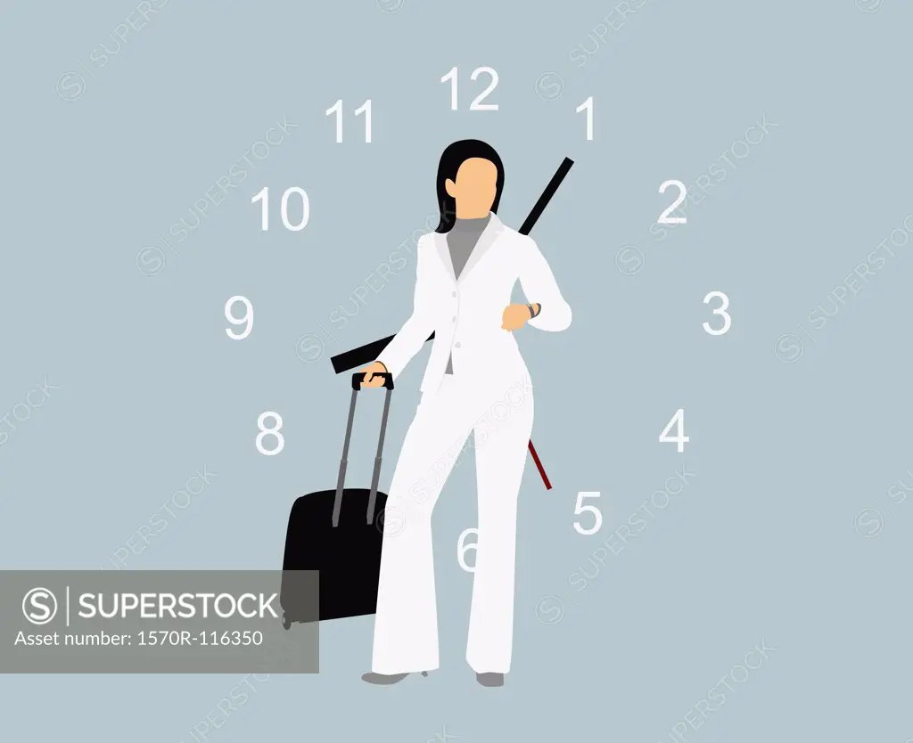 A businesswoman standing with a suitcase in front of a clock