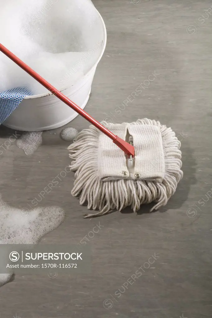 A bucket of soapy water and a mop