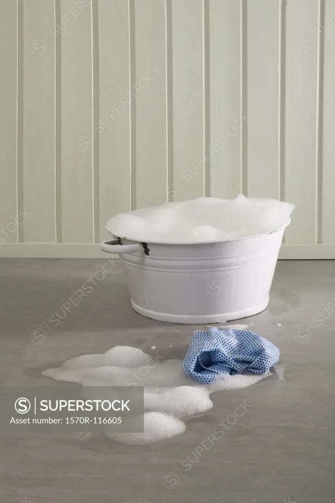 A bucket of soapy water and a cloth on the floor