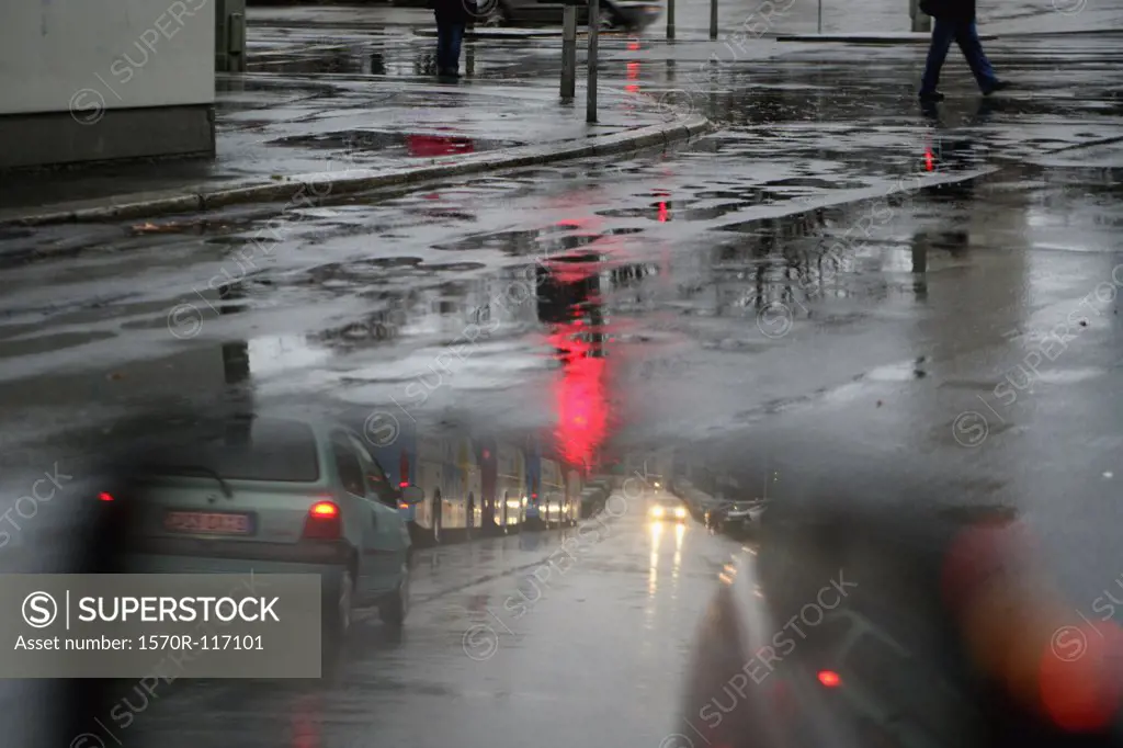 A street scene in the rain
