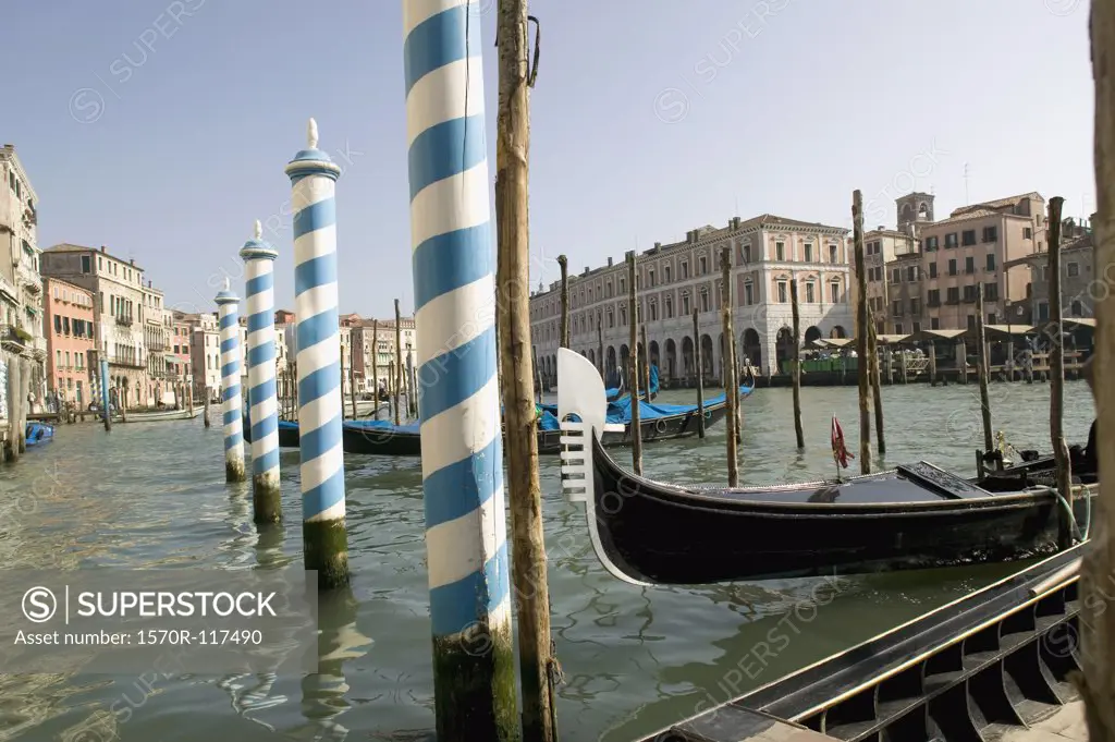 Gondolas moored in Venice