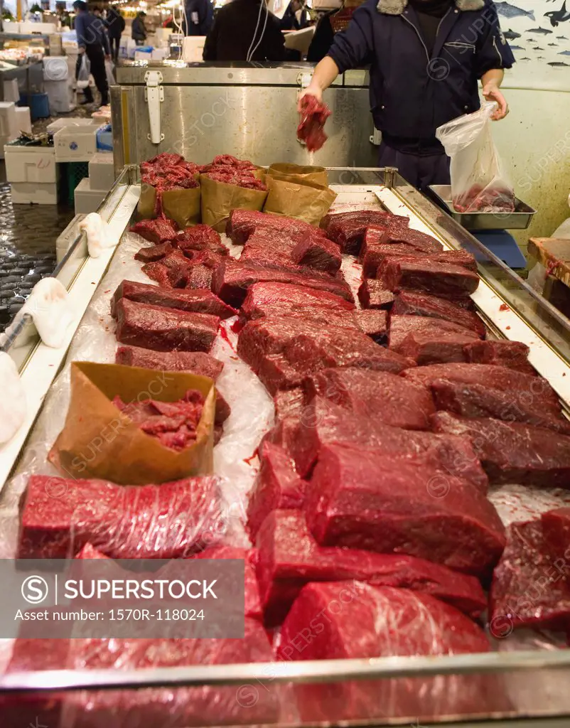 Whale meat for sale at a fish market