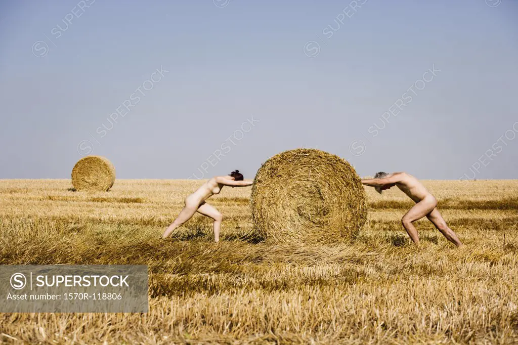 A naked man and a naked woman pushing a hay bale in the middle of a field