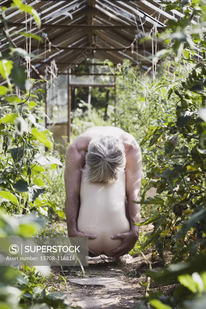 A naked man with his hands on the buttocks of a naked woman crouching in a greenhouse