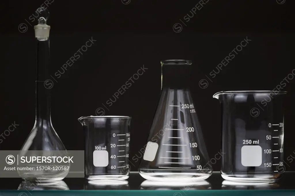 Laboratory glassware on a shelf
