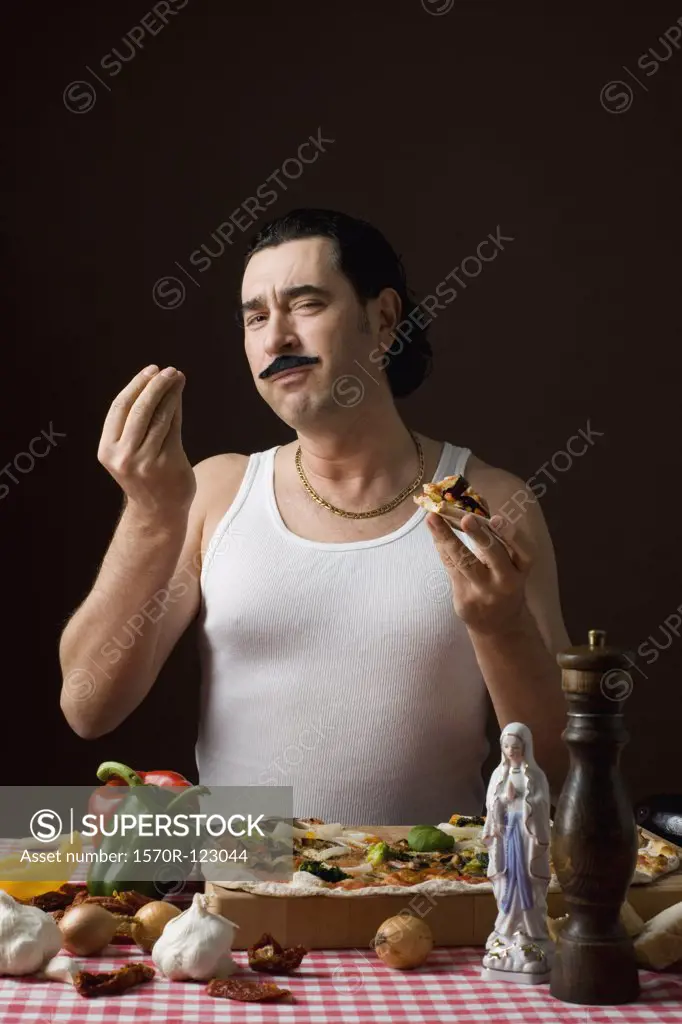 Stereotypical Italian Man Eating pizza and gesturing with hand