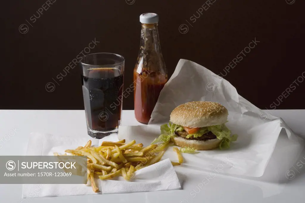 Still life of a stereotypical American fast food meal