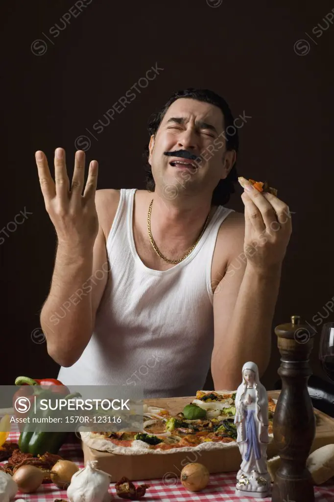 Stereotypical Italian Man eating pizza and gesturing with his hand