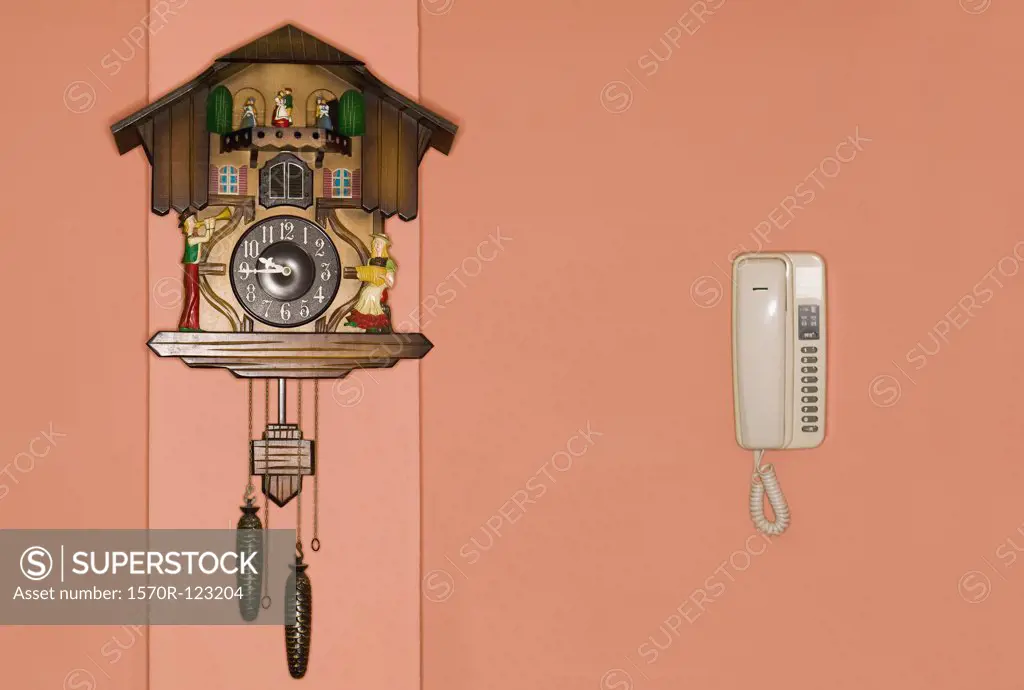 A cuckoo clock and a telephone on a wall