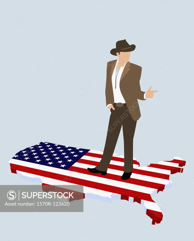 A stereotypical American cowboy standing on the American flag in the shape of America
