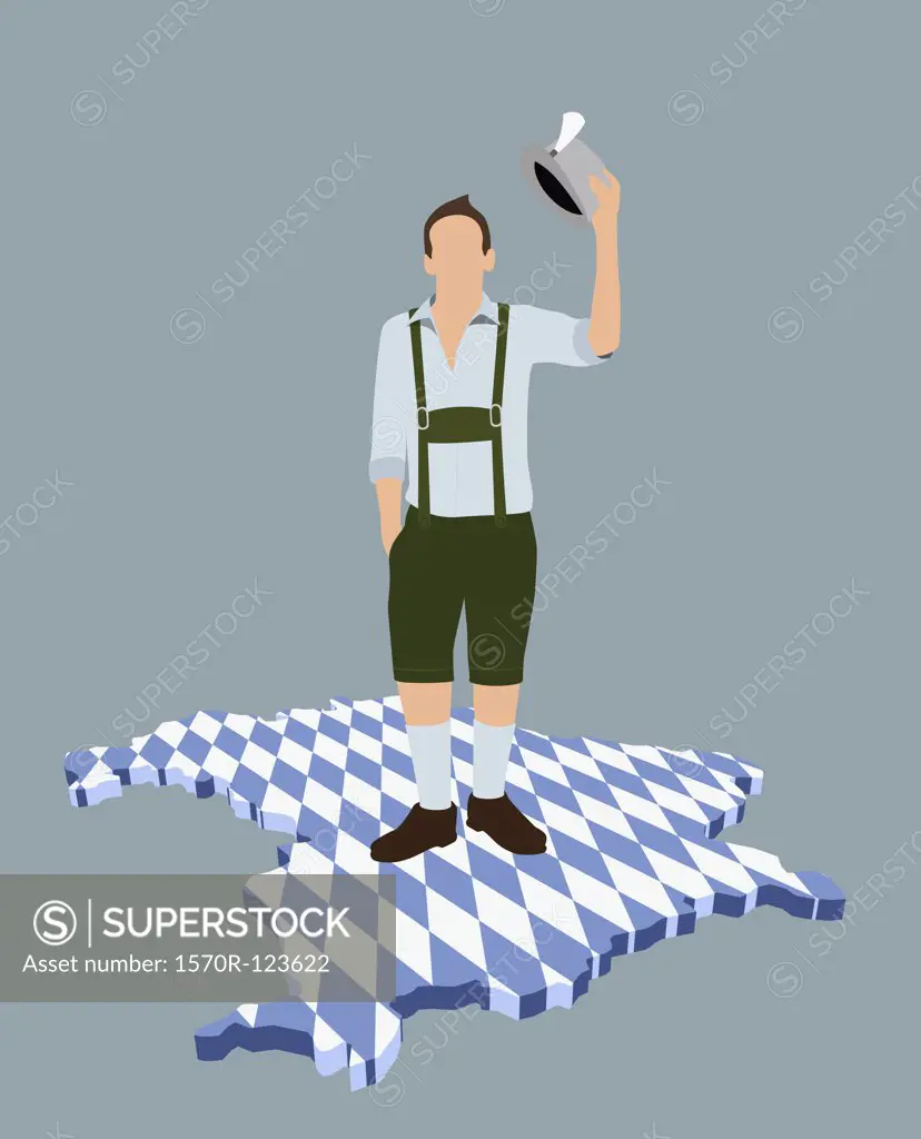A stereotypical German man standing on a Bavarian flag in the shape of Bavaria