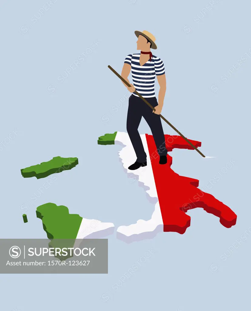 A stereotypical Italian Gondolier standing on the Italian flag in the shape of Italy