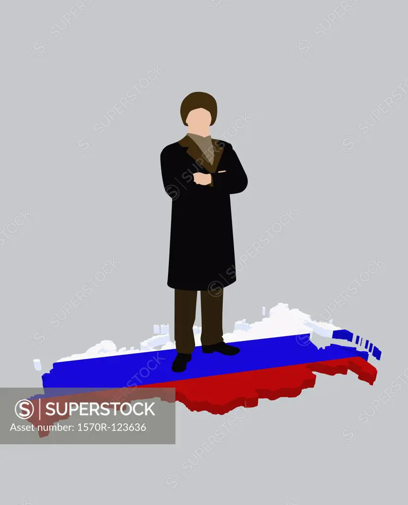 Stereotypical Russian man standing on a Russian flag in the shape of Russia