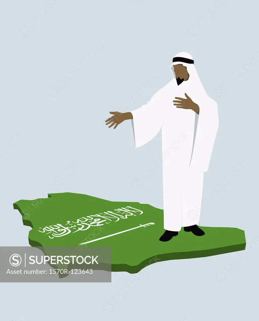 Stereotypical Saudi Arabian man standing on the Saudi Arabian flag in the shape of Saudi Arabia