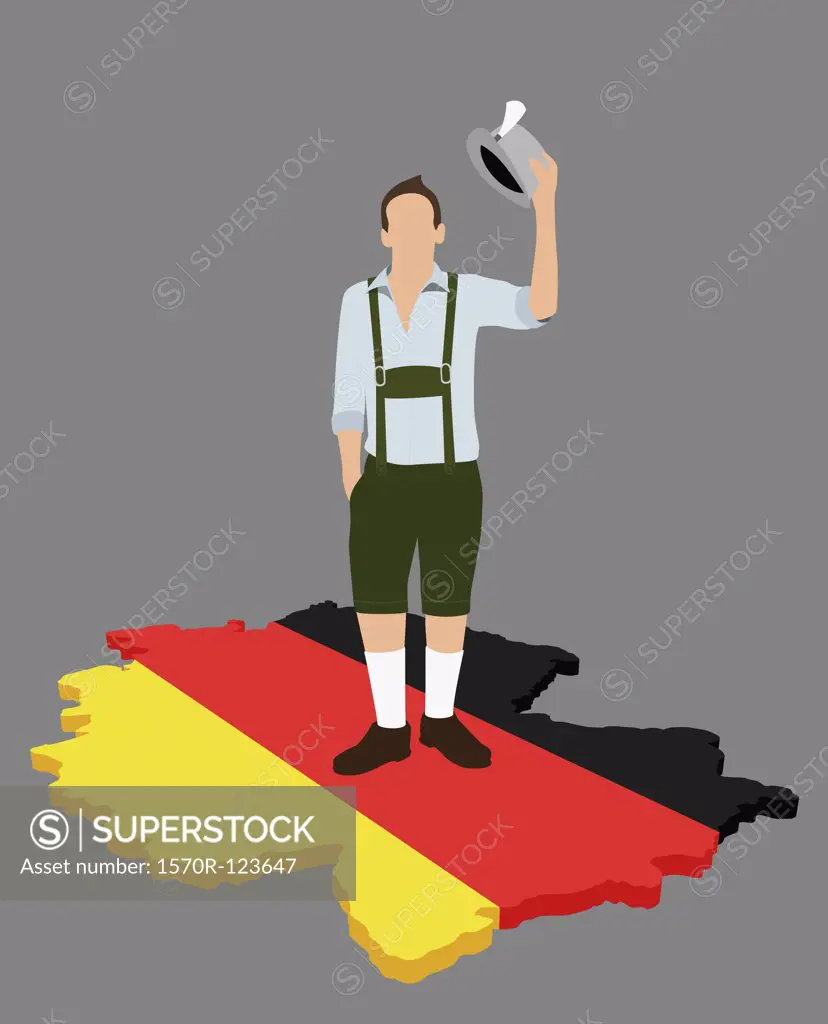 Stereotypical German man standing on a German flag in the shape of Germany
