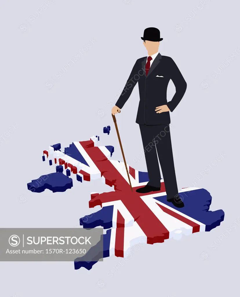 Stereotypical British gentleman standing on a British flag in the shape of Great Britain