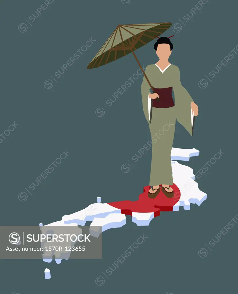 Stereotypical Japanese woman standing on Japanese flag in the shape of Japan