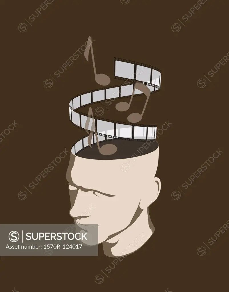 A man with musical notes and a film strip