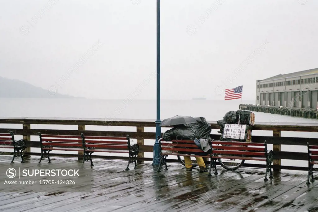 A person sitting on a bench in the rain, overlooking San Francisco Bay, USA