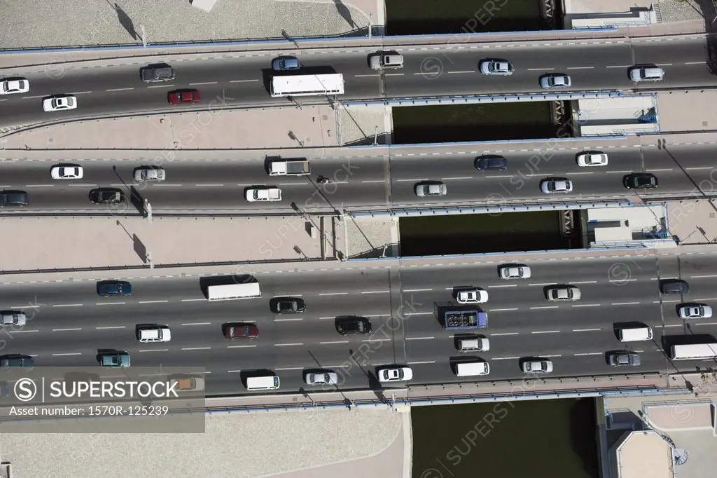 Aerial view of vehicles driving along a motorway