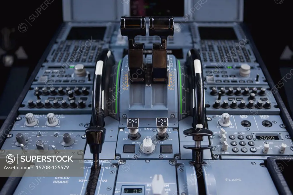 The control panel of a commercial airplane