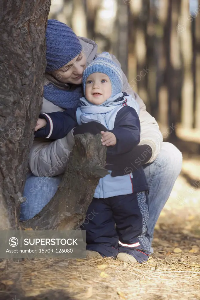 A mother and son outdoors, autumn