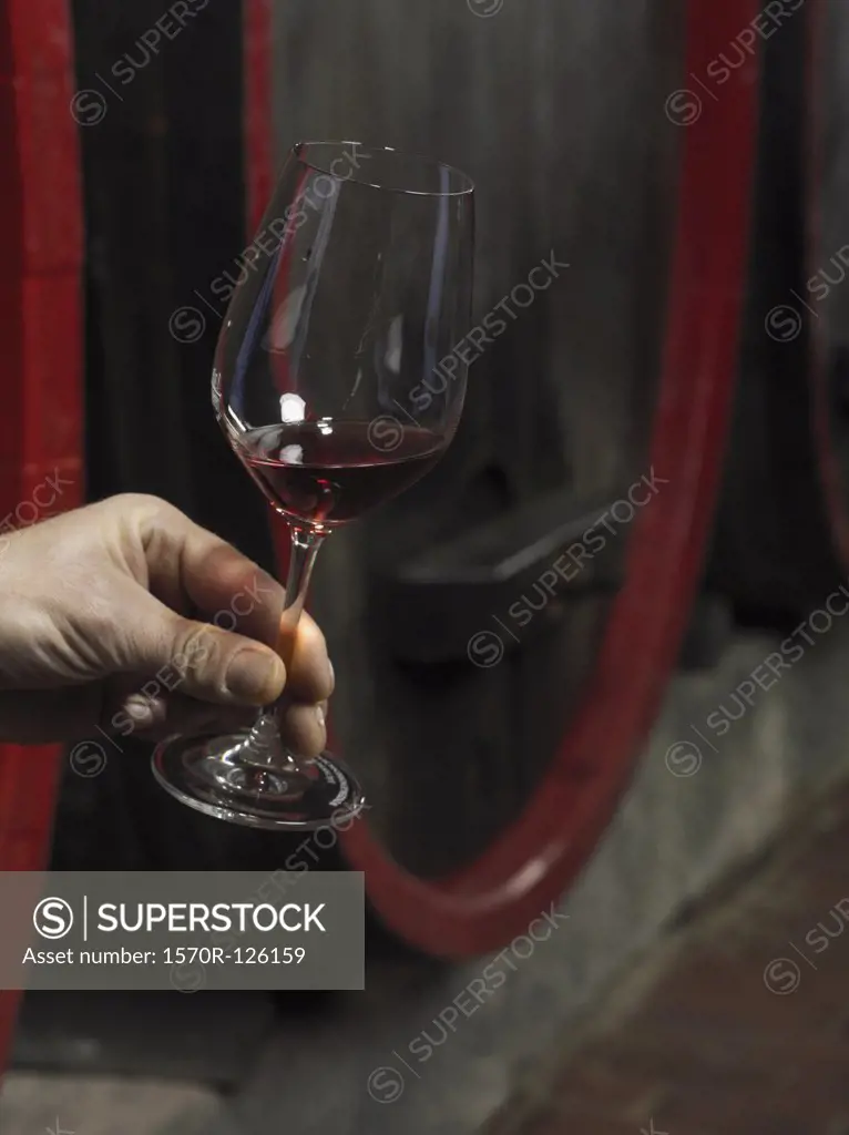 A human hand holding a glass of red wine